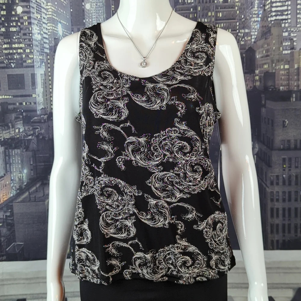 Jump Apparel sz L Sleeveless Sparkling Jet Black Tank with Sparkling Vine Swirls